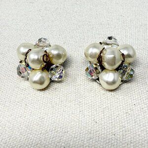 Vintage Bead Cluster‎ Earrings Faux Pearls Crystals Clip-On Retro Classic